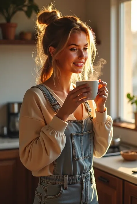 Create for me her drinking healthy coffee showing her whole body