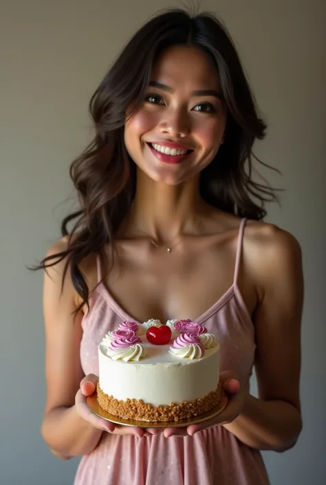 Pretty sexy girl with a cake 55 years old he loves you photo realistic full body 