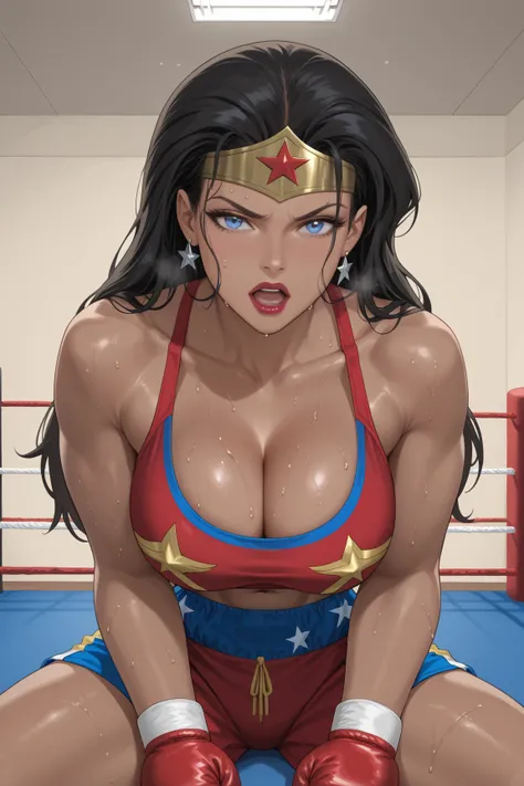 PonyXLV6_Scores BREAK ((parody), perfect anatomy, perfect eyes, cowboy shot), BREAK diana prince, long hair, black hair, blue eyes, lipstick, dark-skinned female, flirting, raised eyebrow, ((looking at viewer)), bare shoulders, cleavage, bronze boxing glov...