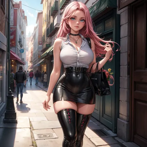 Masterpiece, beautiful art, 8k, art style by sciamano240, very detailed face, detailed hair, detailed clothes, detailed fabric, 1girl, beautiful face, long hair, hot pink hair , model head shot, facing camera, very detailed green eyes, sultry smile, wearin...