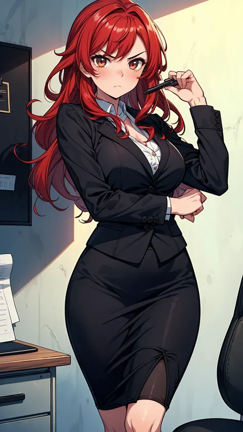 ((masterpiece, best quality:1.3, high detail)), (1girl), beautiful angry business woman, solo focus, long wavy hair, red hair, (black blazer), (black pencil ((skirt)), wide hips, office, wall,