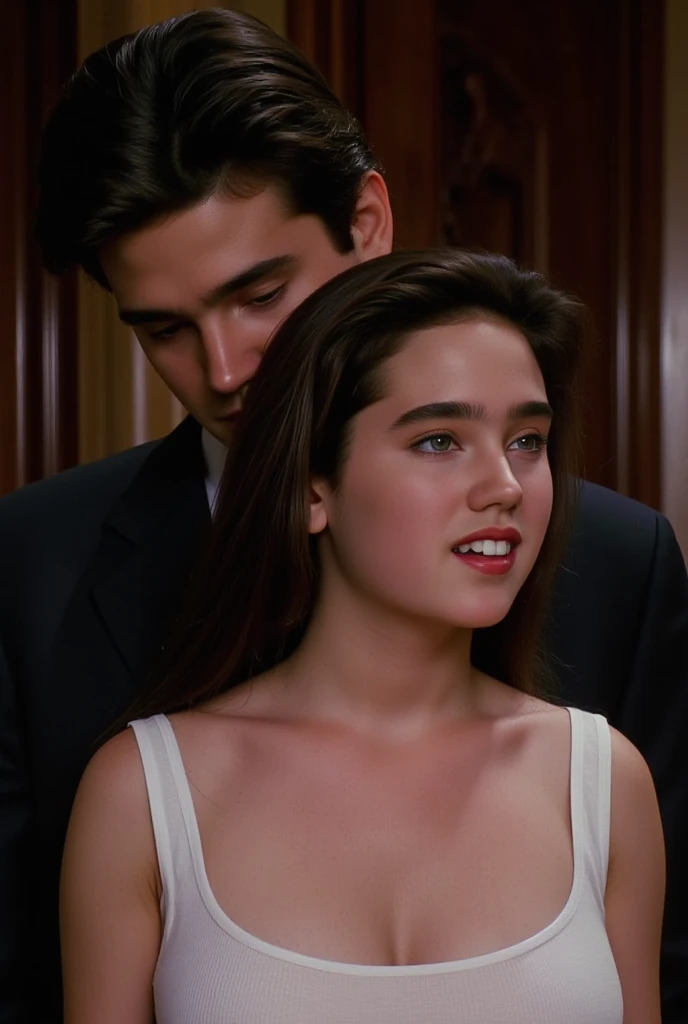 (  Masterpiece,   TOP QUALITY:1.5),  Busts of two people , 
 A beautiful girl and a tall, strong middle-aged man .,
The girl見る者の方を向いて立っていて、The man is standing behind her .,
 She's a beautiful age girl Jennifer Connelly .,The man is Neville who seduces her ...