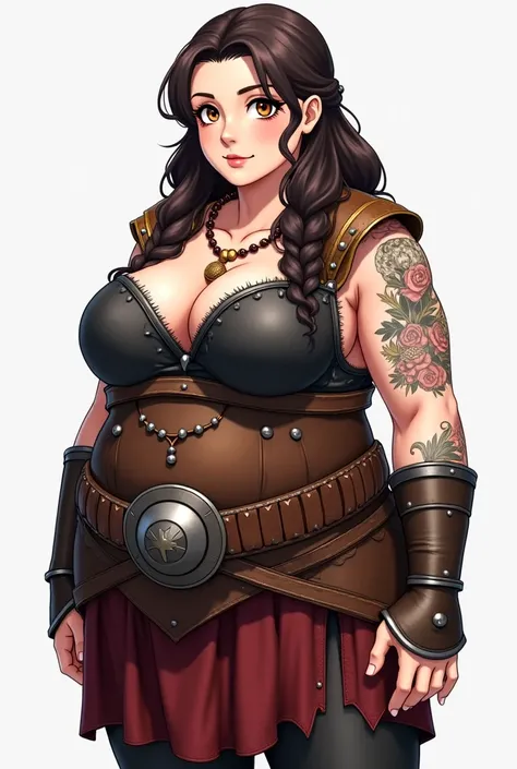  screenshot of anime , a human woman with a height of 1 ,60 with a fat physique, big hip curves ,wide back  ,pale skin color and brown eye color , dark brown hair ,tattoos on her left arm and dressed in medieval Viking warrior clothing