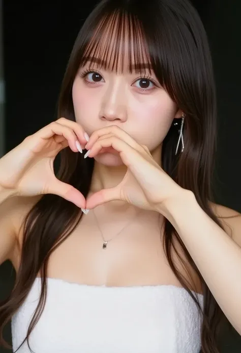 (8k, 32K, Raw Image,  Photographically,    ultra high resolution:1.2),     making a heart with both hands , Render as pictured , (   upper body portrait  :1.2),     1 Japanese Girl    , 24 years old,  beautiful, ( long hair),    double eyelid ,    high-res...