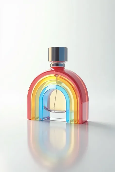 Create a rainbow-shaped perfume literally, Make it minimalist and eye-catching and say rainbow