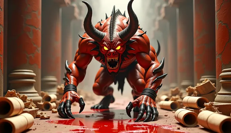 Close up shot of a monstrous demon walking —toward the camera, beating his chest, he has lava-like skin, looking cracked, jagged horns, and eyes that burn like molten fire. Its razor-sharp claws gleam as it lets out a deafening roar, shaking the entire for...