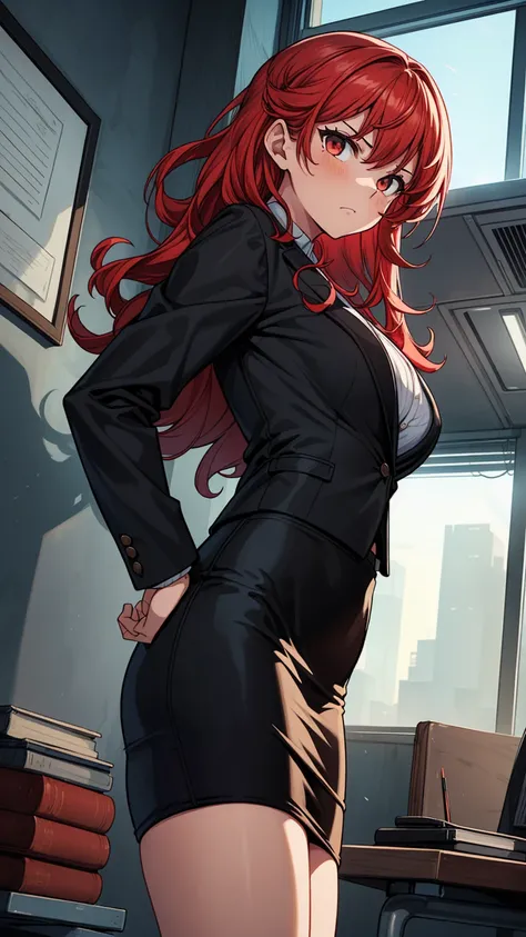 ((masterpiece, best quality:1.3, high detail)), (1girl), beautiful angry business woman, solo focus, long wavy hair, red hair, (black blazer), (black pencil ((skirt)), wide hips, office, wall, (view from below),