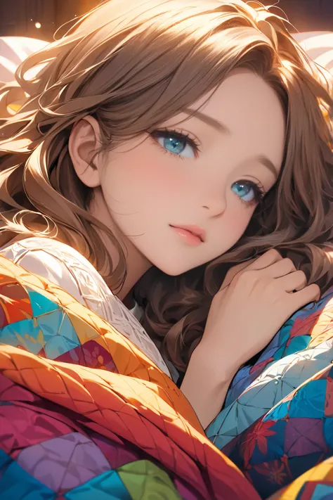 "An anime-style illustration of a stunning young woman lying in bed, mostly hidden beneath a soft, colorful quilted blanket with intricate patterns. Only half of her face is visible as she peeks out, her lips slightly parted, and her eyes gently closed, as...