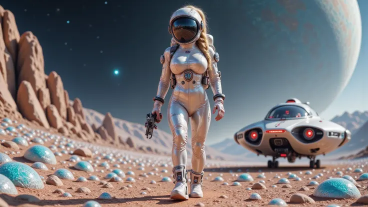  A blonde astronaut with giant breasts and her hair tied in a tight braid walks on the surface of a planet covered in iridescent crystals that reflect colored lights.  He wears a pearlescent white spacesuit with details in electric blue titanium ,  equippe...