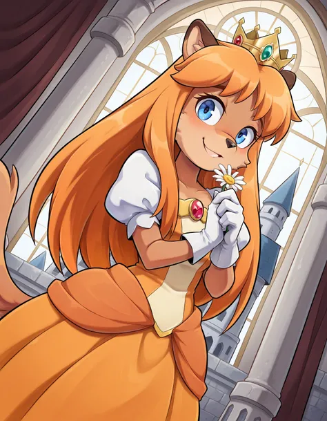 score_9, score_8_up, score_7_up, source_anime, blue eyes, long hair, orange hair,
crown, daisy, dress, flower, gem, gloves, orange dress, puffy short sleeves, puffy sleeves, short sleeves, white gloves,
indoors, castle, smile, long hair, neck length hair, ...