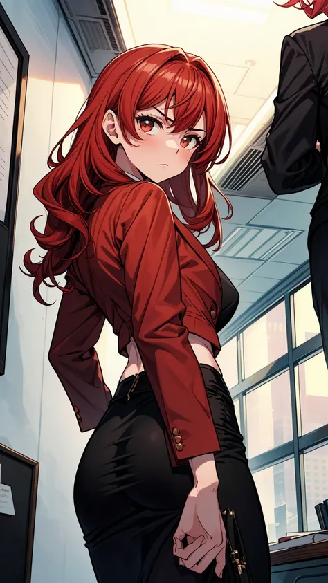 ((masterpiece, best quality:1.3, high detail)), (1girl), beautiful angry business woman, solo focus, long wavy hair, red hair, (black blazer), (black pencil ((skirt)), wide hips, office, wall, (view from below),