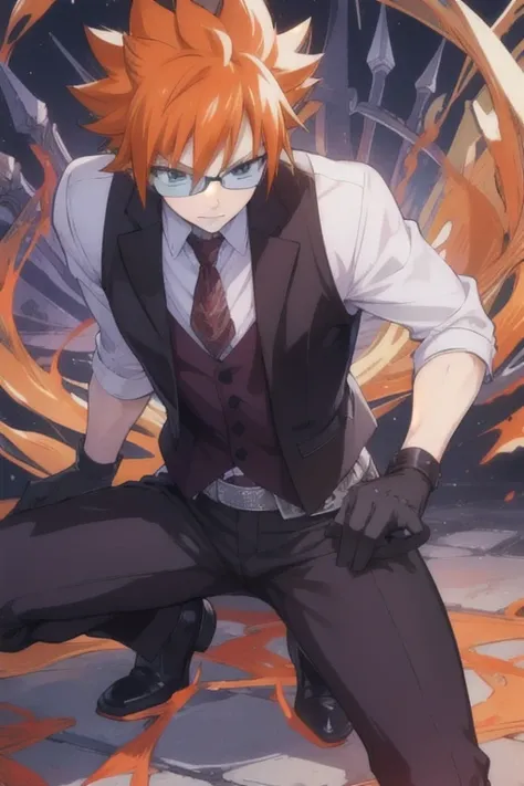 masterpiece, best quality, , 1boy, solo, male focus, looking at viewer, full body, , ligne claire, , loki_fairy_tail, orange hair, black eyes, leather gloves, spiked hair, waistcoat, fairy_tail,