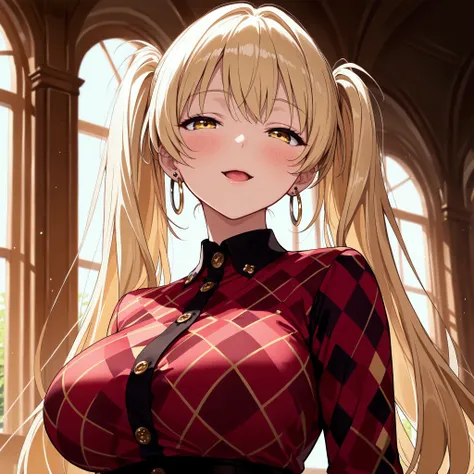 portrait, light smile, open mouth, tongue, half closed eyes, yellow eyes, very cute face, cute girl, solo, long hair, twintail hair, ((blonde hair with white ends)), large breasts, round breasts, ((argyle check shirt)), hoop Pierced earrings, blush, curvy ...