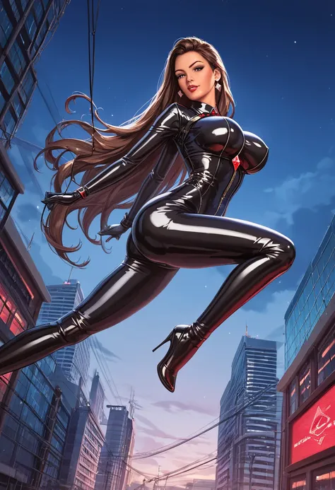 score_9, score_8, score_7, score_6,   source  _    animated, 1mature_FE, 1 woman,  brown skin,  flirty look,  dark brown hair,  Very long hair,   shiny black eyes ,  black latex suit,  a red diamond , Escape,   cables jumping between buildings, red ,  susp...