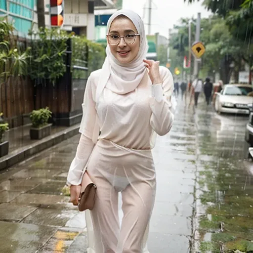 Young beautiful sweet Indonesian sundanese Bogor city girl, 25 years old, slim body, georgeus face, no underwear, only wearing  wet white thin hijab, all her  hairs covered under her hijab,   almost naked, wearing wet white thin strict see through very  tr...