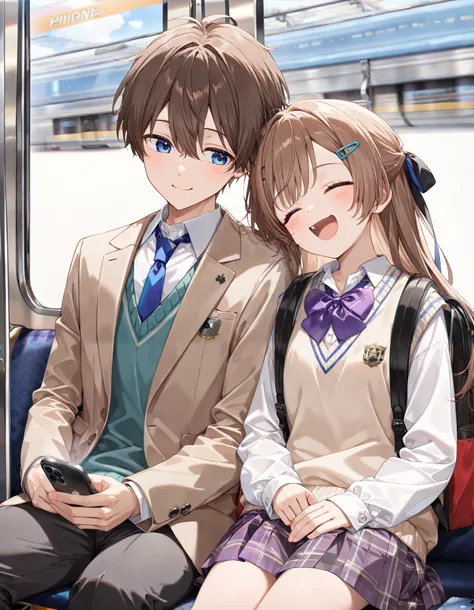 masterpiece, best quality, highly detailed, ultra high res, 2 persons, 1girl and 1boy BREAK ((1girl, brown hair, hair clip, hair ribbon, long hair, opened mouth, laughing, blue eyes, holding phone, iPhone, wearing white collared shirt, purple bowtie, weari...