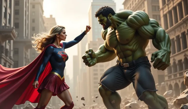  Focus on Supergirl's fist in the Hulk's face, Wrecked City Scenery  