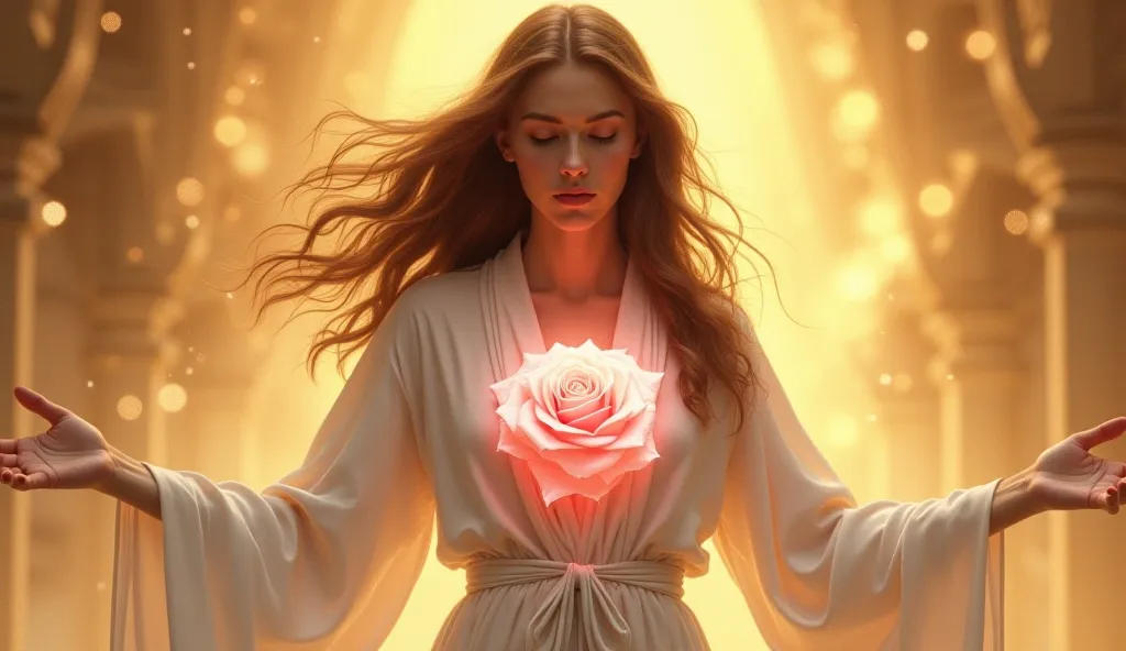  brown-haired woman, with a pink rose in her heart dressed in white and her arms with outstretched hands, Golden background, holographic rose 