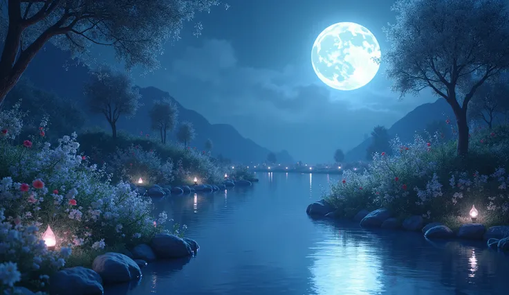 Silent night with moon light and a small water  canal and flowers are bliss for a sweet dreaming night