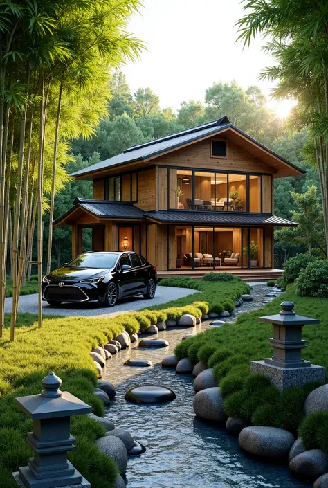 A hyper-realistic close-up of a traditional stained wooden house with a modern twist, set in a serene setting amidst a dense Japanese bamboo grove with a beautiful crystal blue stream running alongside. The house features a pitched roof, large glass window...