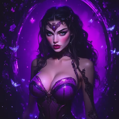  A FULL BODY IMAGE OF AN EXTREMELY BEAUTIFUL WOMAN, con Traits europeos ((Arabs)),  LONG BLACK hair , light green eyes,  blushed cheeks ,   shiny skin,  white skin, tender face,  big breasts, Curves of Goddess,  wearing a beautiful PURPLE ELF DRESS,  shiny...