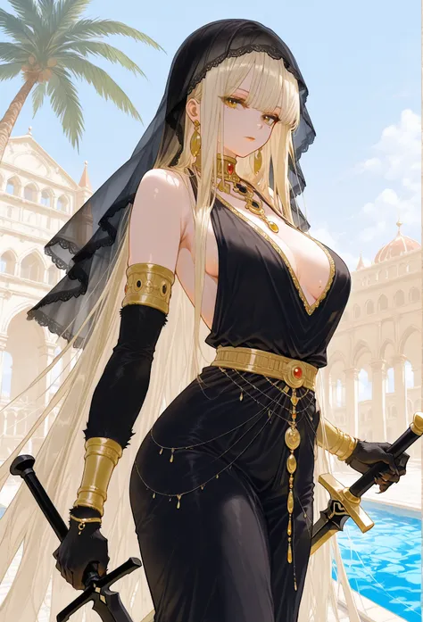 mixed_artwork style, very long hair, pale blonde hair, straight hair, dark yellow eyes, chaotically styled hair, perfect eyes, golden bracelets, black and gold dress, black veil over the head, (plunge cleavage, side boob), golden necklace, standing, Expres...