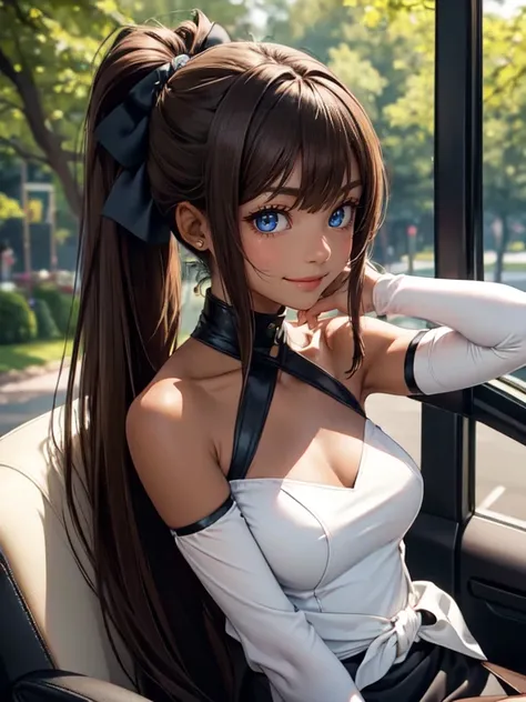 my_visVamp,  in the seat, Alone,  long hair,  ponytail, (( brown hair)),  1 girl, , Sozeru Ruru Suzuhara,  blue eyes,  brown hair,  Hair Ornament,  hair above one eye ,  hair bow, bag,  and stare at the viewer, Outdoors,  smirking , (Dark Skin:1.2), ( dark...