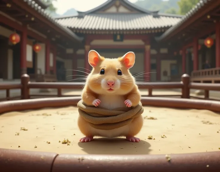 masterpiece, best quality, photorealistic, realistic, photography, A hamster dressed as a sumo wrestler is standing on the ring