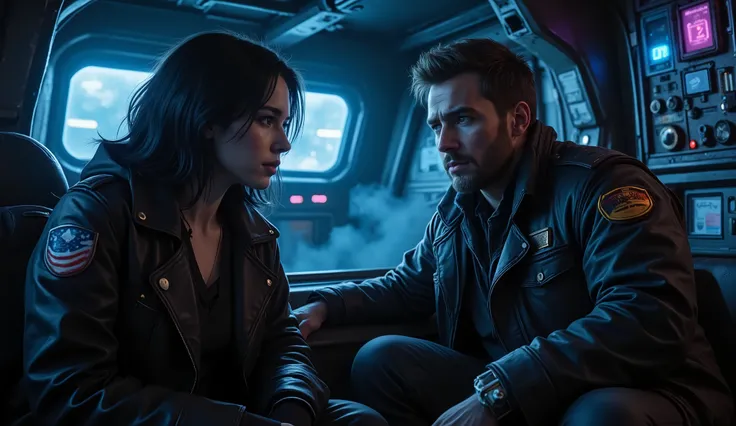 A cinematic shot inside a rugged spaceship's small lounge area, where a young woman with short black hair and blue neon highlights (Kaela Voss) sits across from Ryn Solace, a rugged pilot in a worn-out coat covered in ship patches. Ryn leans forward slight...