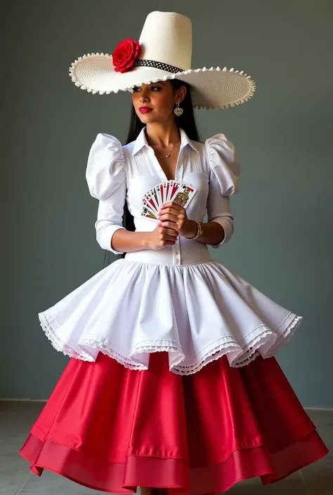 Malandra de Umbanda with white and red layered skirt (White on the bottom red, White and red underneath) Sambando with his white scoundrel hat with a rose in the hat on his head and some playing cards and white blouse