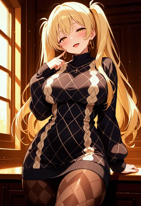 cowboy shot, light smile, open mouth, tongue, finger to cheek, head tilt, half closed eyes, yellow eyes, very cute face, cute girl, solo, long hair, twintail hair, ((blonde hair with white ends)), large breasts, round breasts, ((argyle check sweater dress)...