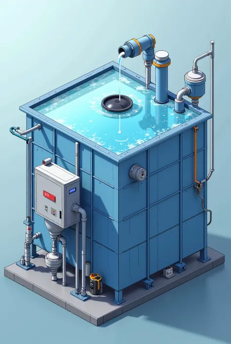  A square water tank with an ultrasonic sensor, a ball valve for manual filling ,an automatic filling solenoid valve, an electrical panel with a plc and a panel view for monitoring and configuration.
