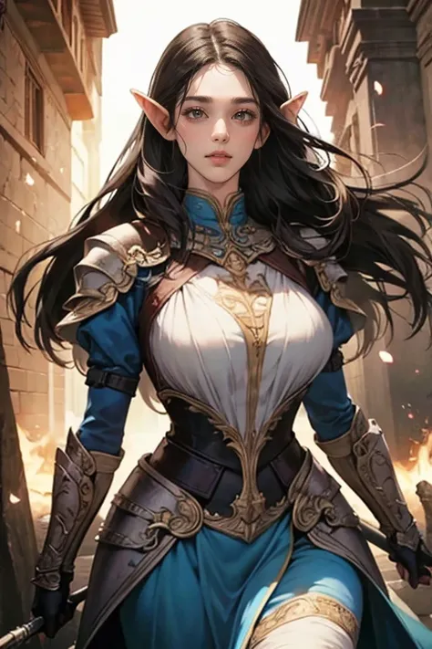  a beautiful elven woman with long dark hair as night,  heavenly blue eyes,  Thin Lips,  round face,  huge breasts,  wide hips , wearing Elvish battle armor ,  ready for combat, Impressive and beautiful,  battle scene ,  Intricate Details,  cinematographic...