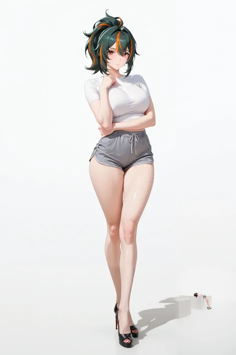 masterpiece, extremely detailed,4k,solo,1girl,adult ,((full body)),zhu yuan, klimaks ekspression,stand up,ponytail streaked hair,slim body, sexy legs,large breasts,white tshirt,grey shorts,high heels,housewife,soft light, high detailed, best quality, upper...