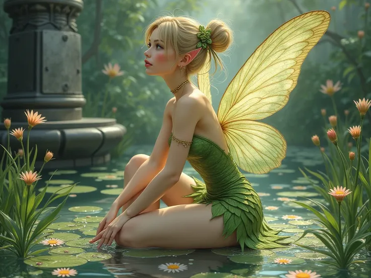 the detailed proportions and textures brushed multicolored and softened with airbrush, a semi-realistic Chinese ink illustration of an exotic beauty of the Tinker Bell Fairy (full body and shy pose, angelic face, innocent look, thick thighs, round and huge...