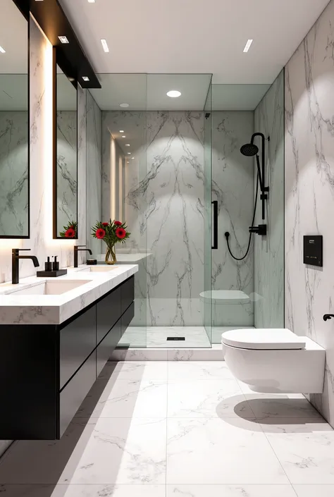 A luxurious and ultra-modern bathroom designed for a well-traveled professional, seamlessly integrating high-tech smart home features, sleek contemporary aesthetics, and a dedicated pet-friendly section. The space features large-format white and gray marbl...