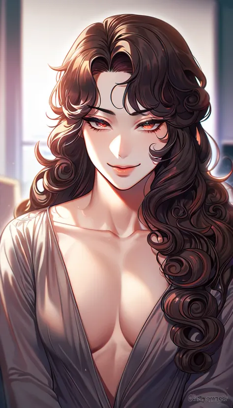 absurdres, highres, ultra detailed, HDR, master piece, best quality, extremely detailed face, delicated features, dark hair, long curly hair, wolf cut, no fringe, without bangs, expressive amber eyes, slant eyes, Korean, The World After The Fall, solo, sex...