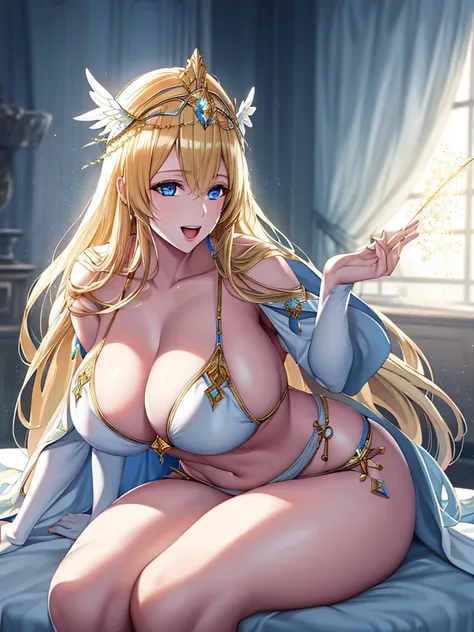 A priestess wearing a white bikini,valkyrie,Leaning forward towards me、Thick thighaternal、Sitting on the bed、Wearing a golden tiara、angel wings,belly button,simple,Particles of light,Thighs,shiny skin,Big Mouth、Perfect lighting, One adult woman, Open Mouth...