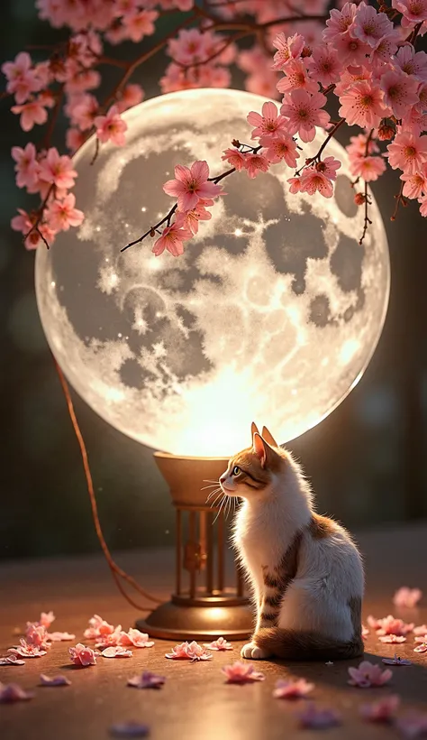 A beautiful large moon object made of glass。A big shining cherry tree。Cat with beautiful shining eyes sitting in front of an object、Genuine。Gentle Light。Gentle Lightのガラス玉がたくさん美しく浮いている。 Masterpiece,  high resolution, 最 high quality,  high quality,  very det...