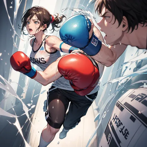 (vapor:1.1),(wet:1.1),(Tremendous:1.1),(Sweat:1.4),fight:1.3,( teenagers s ,boxe:1.6),2 ,boxer,action:1.6, dynamic pose,dynamic angle,[low angle, full body shot,medium plan,(4K), (RAW photo: 1.2), ( realism: 1.4), (masutepiece: 1.3), (exquisite detailing: ...