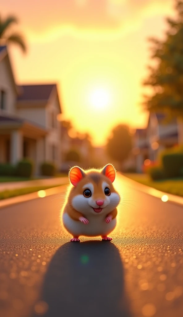 A tiny hamster crossing a quiet suburban road at sunset