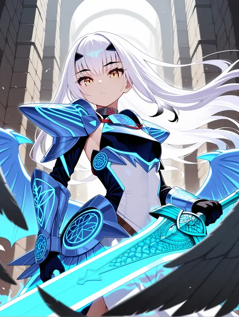 (melusine \(fate\):1.1),white hair,yellow eyes,white clothes,(focus female),valkyrie,valkyrie dress,armor,holding sword, ,valkyrie dress,looking_at_viewer,expressionless,(low_wings:1.1),(dragon wings:1.1),(upper_body:1.1), ,ultra_instinct,white and blue au...