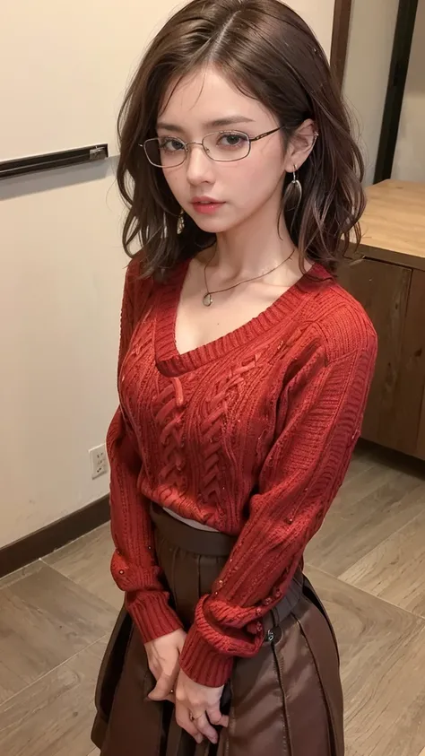 masterpiece, 8k,((disdain,38 years old)) ,black eyes,japanese,brown eyes,(((small girl,brown hair,wavy hair))),small breasts, (((( long skirt,bright red sweater,square glasses)))),(((short hair,wety hair))),(cum on hair),necklace,earrings,in office