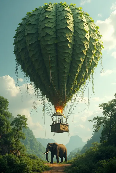 An elephant built a huge hot air balloon 
with leaves and lianas, filling it with hot air with the help of a fire .