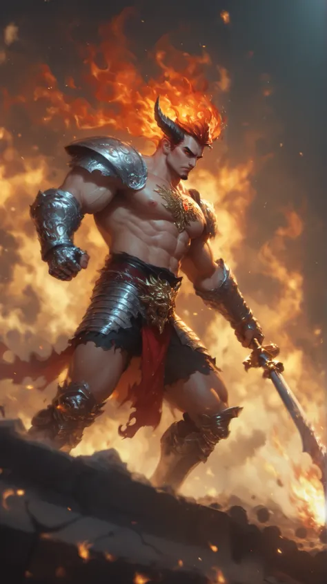 Powerful, flaming god-like figure in a dramatic, action-packed pose.  Mythological, warrior with intense, grim expression, middle-aged,  with muscular physique.  Wearing ornate, dark red and black, metallic armor with gold chainmail accents and intricate d...