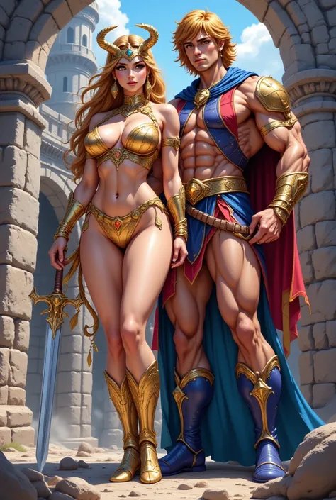 3. She-Ra and He-Man :
Crea una ilustración digital heroica de She-Ra and He-Man  juntos. Representa a She-Ra and He-Man  uno al lado del otro, ready for battle,  showing their brotherly bond and their combined power1 .  She-Ra carries her Sword of Protect...