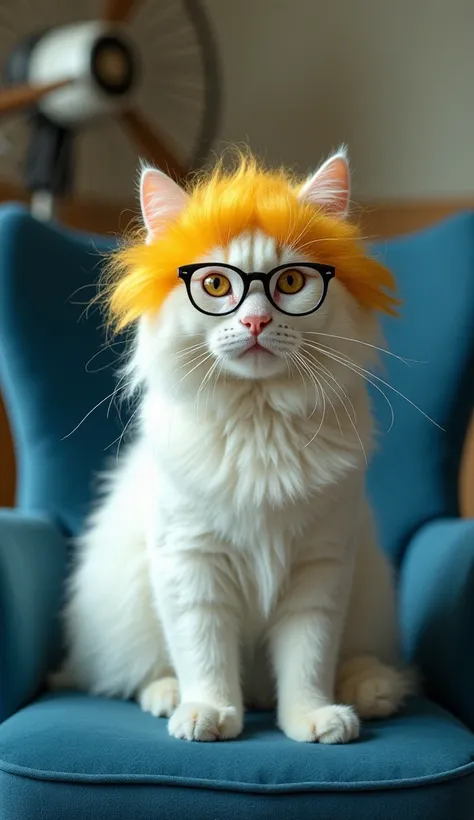 A furry white cat sitting on a blue upholstered chair wearing black glasses and a yellow wig is facing a fan, realistic photo 