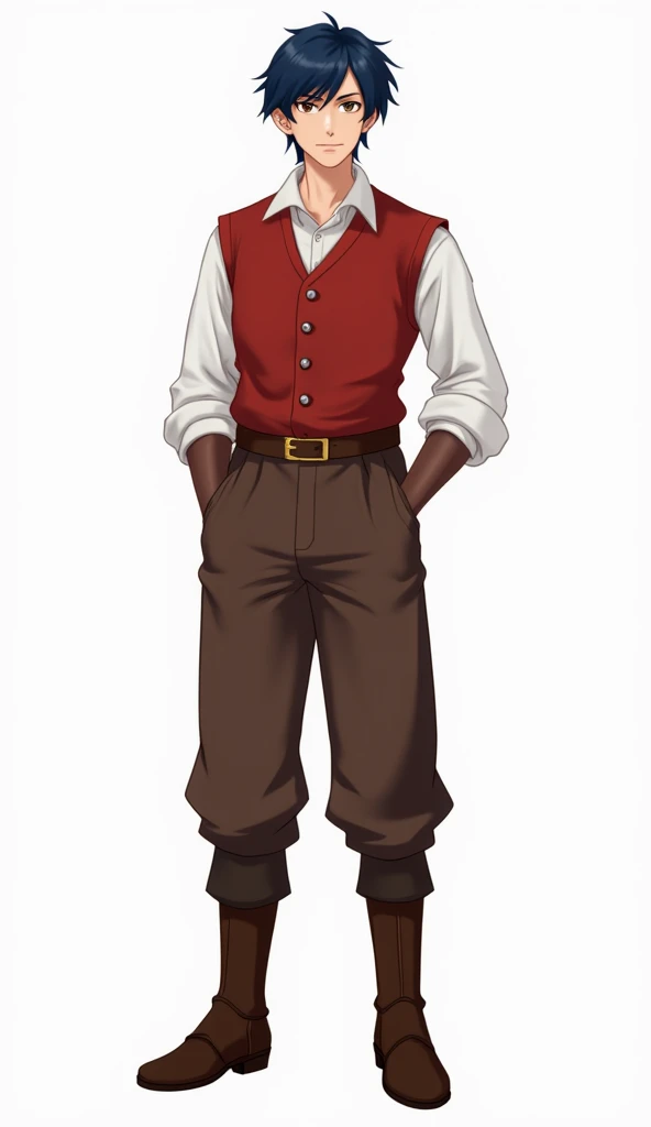  ADULT human messenger of a height of 1.7 M. White-skinned, adult and thin, short dark blue hair brushed backwards .  He wears a white long-sleeved shirt , red vest closed by buttons, The vest is fastened by a belt,  brown pants , and brown boots.  his rig...