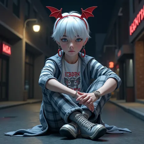 3D anime style, Gothic style,  boy, white hair, light blue eyes, red cross earrings, red strappy on forehead with bat pattern, gray and white straight striped long-sleeved T-shirt, white short-sleeved T-shirt covered with Indian text, silver long necklace,...