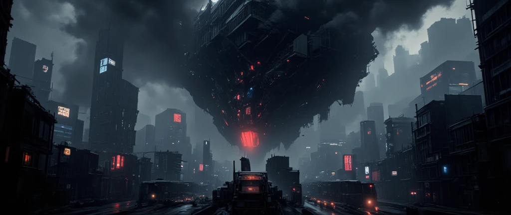 dark scifi antigravity floating dystopian tokio city, acid rain, neon noir, dark ambient, atmospheric view